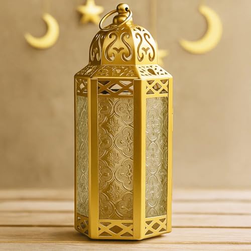 Vela Lanterns Marokkanische Lampe aus goldenem Messing, dekorative Laterne, Kerzenhalter für Innen- und Außenbereich, Heimdekoration, Terrasse, Hochzeiten, klares Glas, mittelgroß