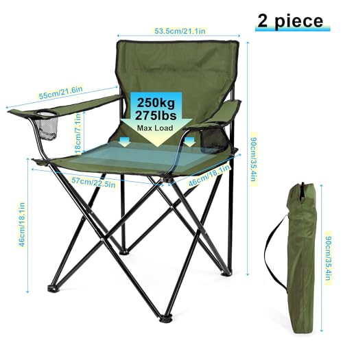 Image of HaSteeL Camping Chair for Adults, Folding Beach Chair Set of 2, Large Foldable Portable Chair for Outdoors Fishing, Hiking, Sporting, Travel, Picnic, Lawn, Hold 275lbs & A Storage Bags (Green)
