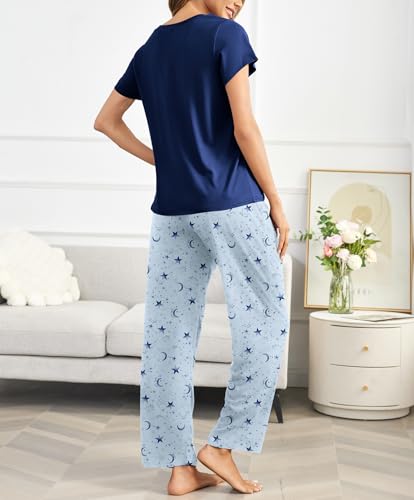 Image of Ekouaer Pajama Sets for Women Round Neck Pjs Short Sleeve Sleepwear with Long Pants Loose Lounge Sets