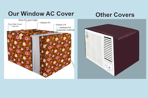 Image of The Furnishing Tree Elastic fit waterproof Polyester window ac cover suitable for Croma 1.5 Ton, Dustproof cover for inner and outer section, In CM: (67.31x66.04x45.72), Floral Pattern Orange