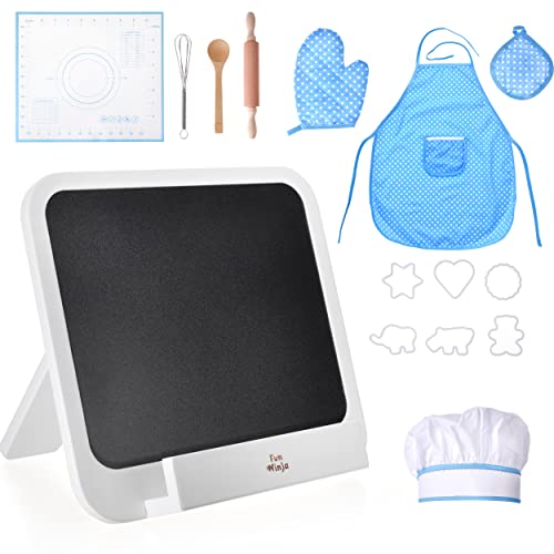 Image of [Fun Ninja] Black Chalkboard Countertop Small with White Frame and Stand Bundled with a White & Blue Chef Set Fun Size, Toddlers and Children Fun Cooking at Home (Bundle)
