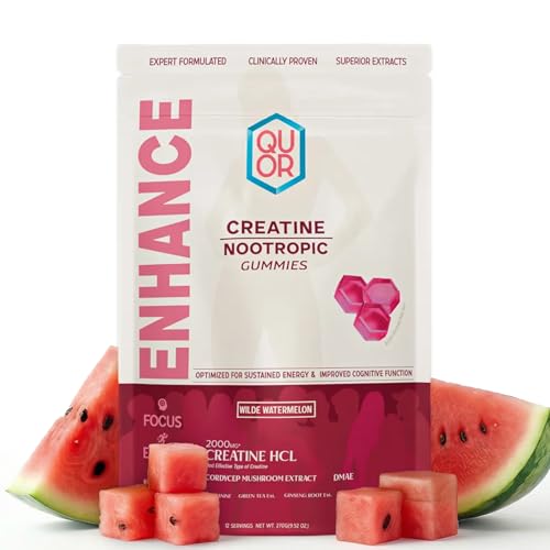 QUOR Enhance Creatine Gummies for Men & Women | Creatine HCl + Nootropic Stack | Cordyceps L-Theanine B12 | Vegan | Focus Energy & Strength (60 Count Wilde Watermelon)