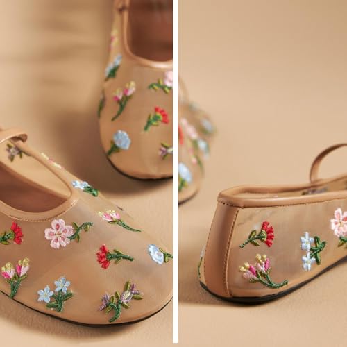 MAVMAX Nude Mesh Ballet Flats for Women Tulle Floral Embroidered Mary Jane Ballerina Round Toe Comfortable Daily Dress Ballet Flats Shoes with Strap4
