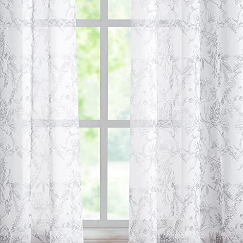 Grey White Sheer Curtains 84" Long Living Room Floral Leaves Print Chiffon Voile Window Curtain Sets Semi-Sheer Drapes Not See Through Botanical Window Treatments For Bedroom, Grommet Top, 2 Panels #TOP6
