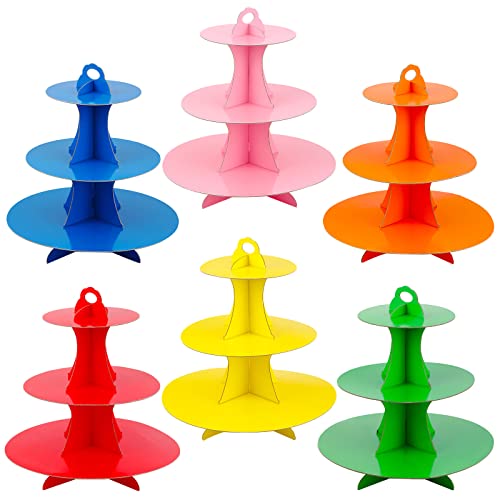 6 Set 3 Tier Cardboard Cupcake Stand Tiered Cake Holders Colorful Dessert Stand Paper Cake Stand Reusable Round 3 Tier Tower for Table Display Birthday Bridal Shower Party Supplies, 6 Colors