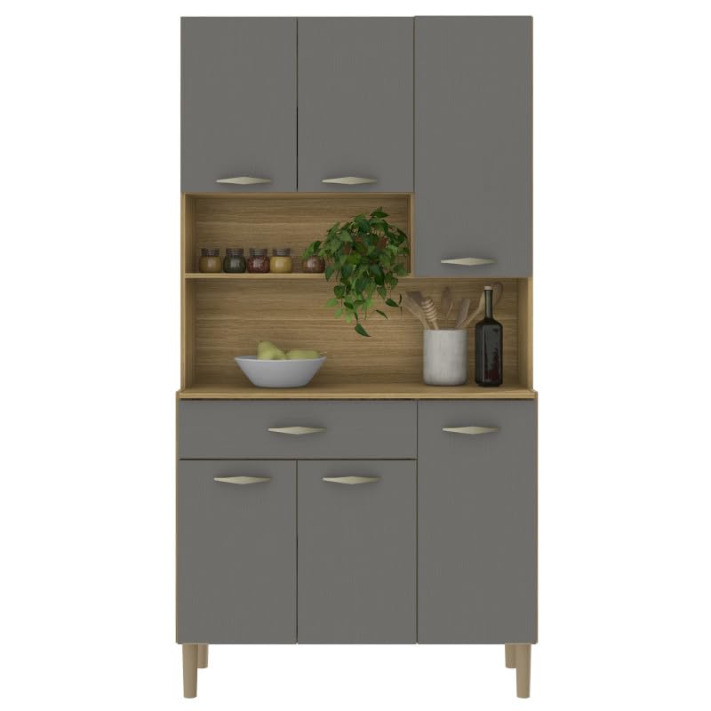 ACTUAL DIFFUSION Buffet de Cuisine 6 Portes 1 Tiroir Chêne et Gris 7 Niches L 90.9 H 173.5 P 36.3 cm