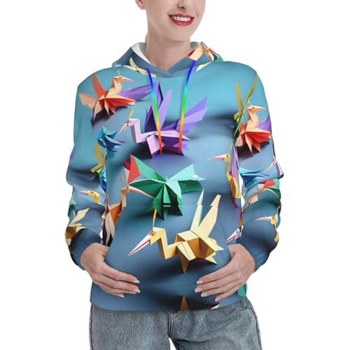 Sweat à capuche grues origami imprimé multicolore graphique avec poche femme