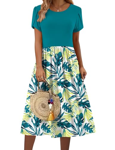 Image of Zeagoo Flowy Sundress with Pockets Summer Loose Shift Dress Crewneck Short Sleeve Midi Dress Alin Swing Dress Casual Floral Print Dress Tropical Dress 2025,XL