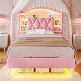 ADORNEVE Twin Size Bed Frame with LED Lights, Princess Velvet Upholstered Platform Bed for Girls, Headboard with Charging Station & Guardrail & Crystal Button, No Box Spring Needed, Pink