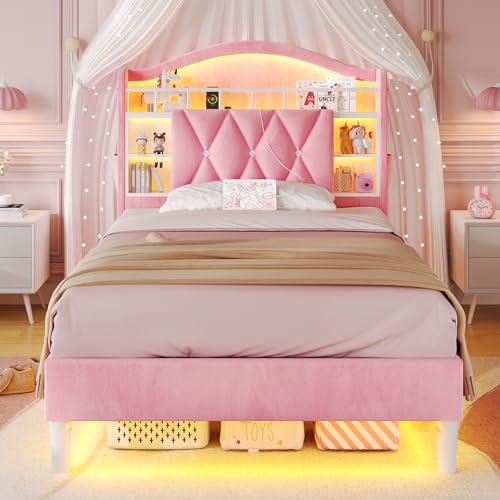 ADORNEVE Twin Size Bed Frame with LED Lights, Princess Velvet Upholstered Platform Bed for Girls, Headboard with Charging Station & Guardrail & Crystal Button, No Box Spring Needed, Pink