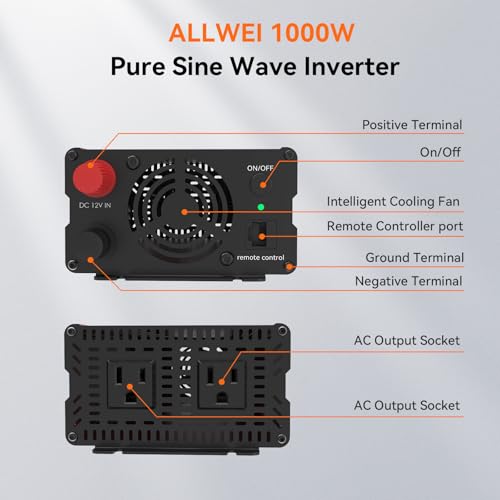 Image of ALLWEI 1000W Pure Sine Wave Inverter, 12V DC to 120V AC Converter | for Home, RV, Truck, Off-Grid Solar, Car Power Inverter with 2 Sockets, Power Inverters for Vehicles, 2000W Peak
