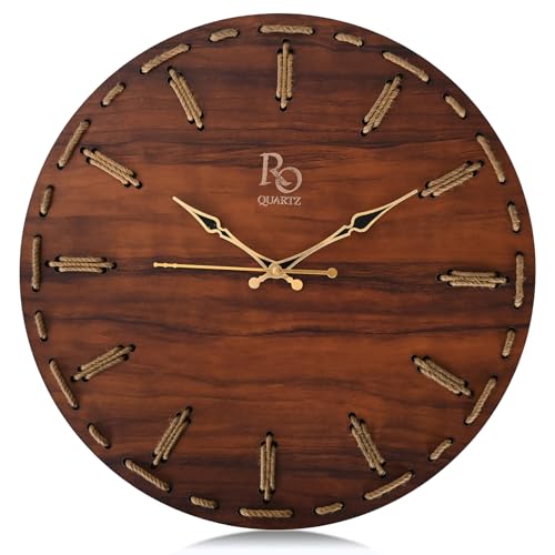 Image of Wooden Round Shape Wall Clock With Golden Hands and Golden Jute Rope Detailing | Elegant Silent Quartz Movement Anti Reflection Analog Vintage Clock for Home and Office (Brown, 15.5 Inch)