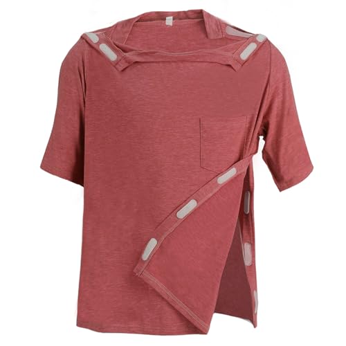 Image of Unisex Post Shoulder Surgery Shirts Recovery Tear Away Short Sleeve Chemo Clothing with Stick On Fasteners, Convenient