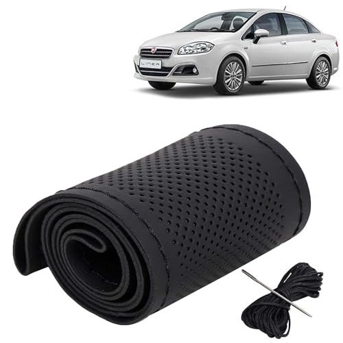 Image of KINGSWAY PU Leatherite Car Steering Cover Sewable Compatible with Fiat Linea (Year 2007-2019), Black Color with Black Thread, Pack of 1 with Sewing Needle and Thread