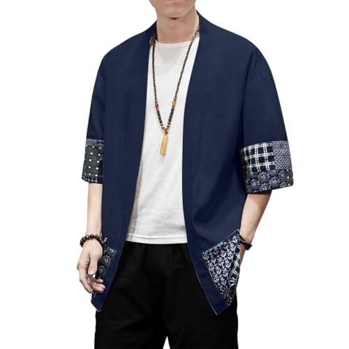Image of PRIJOUHE Men's Kimono Jackets Cardigan Lightweight Casual Cotton Blends Linen Seven Sleeves Open Front Coat Outwear