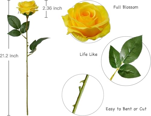 Image of Dekorly Artificial Fake Roses Flowers - 10 Pcs Fake Artificial Roses Silk Flowers with Stems for Home Room Tabletop Wedding Hotel Office Centerpiece Decor | Height 18 Inch (Yellow)