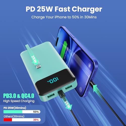 Image of Portable Charger 40800mAh Power Bank with 3 Built-in Cables,PD 25W USB C in&Out Power Bank Fast Phone Charging,QC4.0 5 Outputs Travel Camping Essential Battery Pack for iPhone 17 /16,Samsung etc-Green