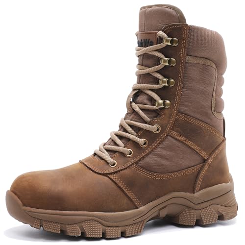 DahWe Men's Steel Toe Work Boots with Side Zipper 8 inch Lightweight Comfortable Indestructible Puncture Proof for Industrial Construction Warehouse Roofing Logger Riding Safety - Brown US Size 9.5
