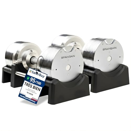BRAINGAIN Haltères Réglables Set 23,5kg/32,5kg/41,5kg – Maintenant avec poignée Gen 4 de 34mm – Changez de poids en 1 sec –...