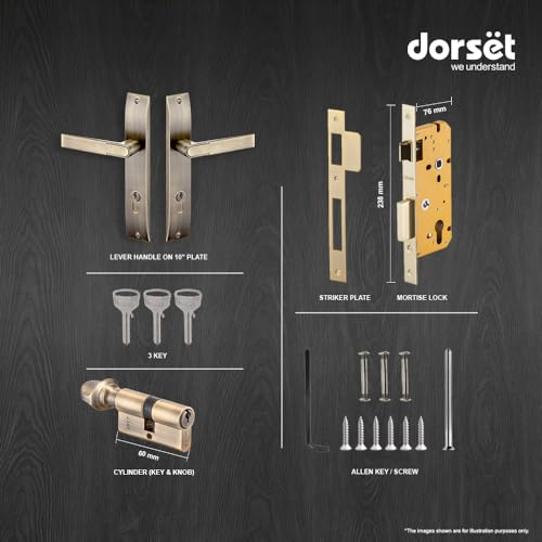 Image of Dorset Zinc Zovi Mortise Lockset - Main Door Lock Handle Set | 10 inch Plate, Key and Knob Cylinder Lock (60mm) | Mortise Lockset Main Door and Bedroom Doors 3 Keys, Antique