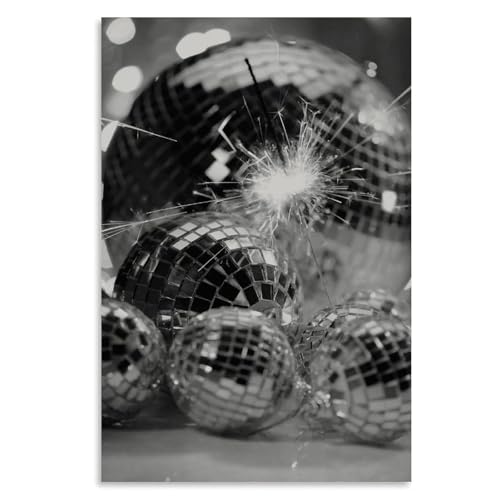 Black And White Disco Ball Poster Funky Retro Disco Posters Vintage Disco Ball Painting Trendy Party Wall Art for Modern Bar Dorm Bedroom Decor Unframe-style 24x36inch(60x90cm)