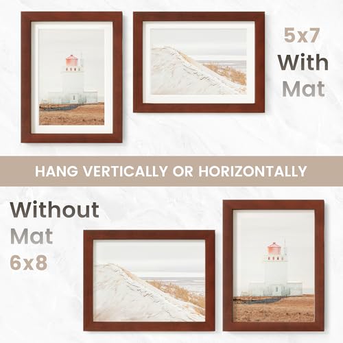 Image of 6x8 Picture Frame, USA-Sourced Natural Mahogany Wood Photo Collage Frame with HD Tempered Glass, Modern Simple 6 x 8 Wooden Frame Matted to 5x7, Gallery Wall Frames for Art, Wall or Tabletop Display