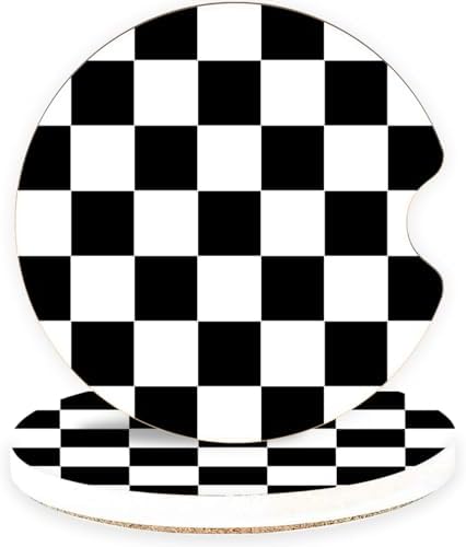 Black Checkerboard Ceramic Car Coasters – Absorbent Car Cup Holder Coaster Set for Women & Men, Cool Aesthetic Car Accessories, 2 Pack
