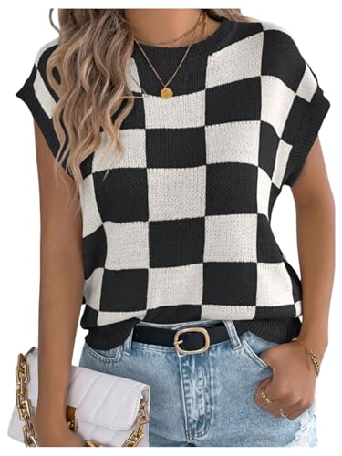 WDIRARA Women's Plaid Checkered Sweater Vest Crew Neck Sleeveless Knit Tops