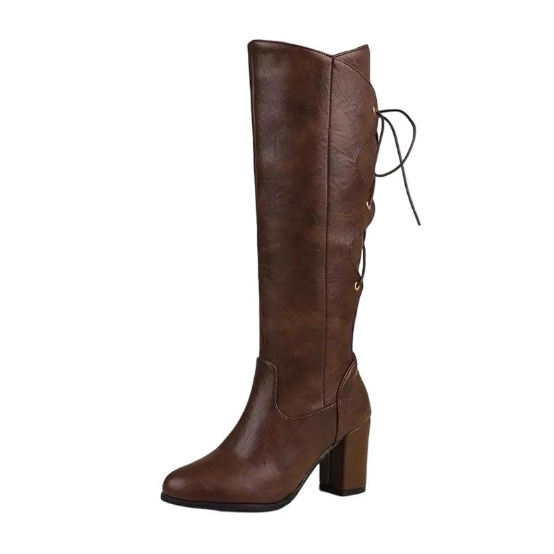 Womens Solid Round Toe Chunky Heel Lace Up Knee High Riding Boots