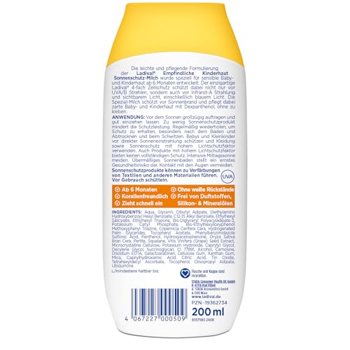 Ladival Empfindliche Kinderhaut Sonnenschutz-Milch LSF 50+: Sonnencreme für Kinder und Babys ab 6 Monaten, extra wasserfest, mit 4-fach Zellschutz, 200ml 2