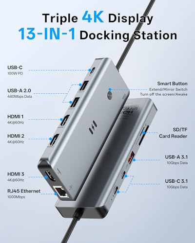 Image of USB C Docking Station 3 HDMI, Selore 13-in-1 Docking Station 3 Monitors with Triple HDMI, 10Gbps USB A /C 3.1, 100W PD Charging, Gigabit Ethernet, SD /microSD Reader for Windows Laptops Dell /HP /Lenovo