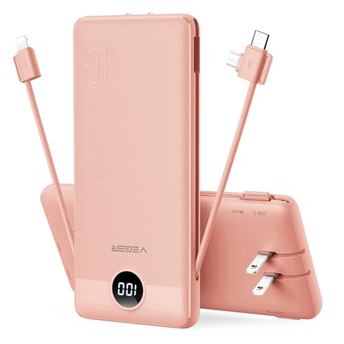 VEGER Portable Charger with Built-in AC Plug and Cables, All in One 10000mAh Ultra Slim Power Bank Travel Essentials, 15W Fast Charging Battery Pack Compatible with iPhone, Samsung, Android (Pink)