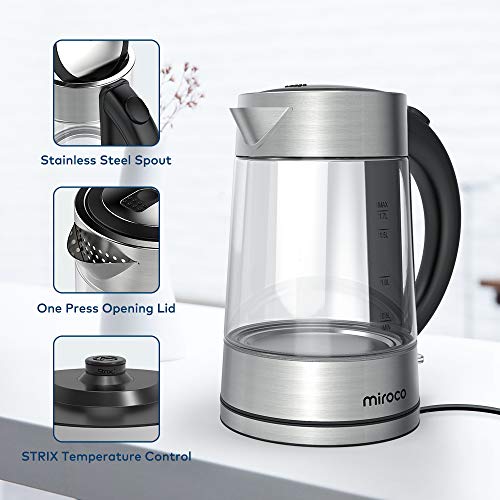 Miroco Glas Wasserkocher, Wasserkocher 1.7 Liter Edelstahl Glaswasserkocher mit Filterauslauf, Glaswasserkocher mit LED-Innenbeleuchtung Trockenlaufschutz Warmhaltefunktion, BPA-Frei- 2200W - 4
