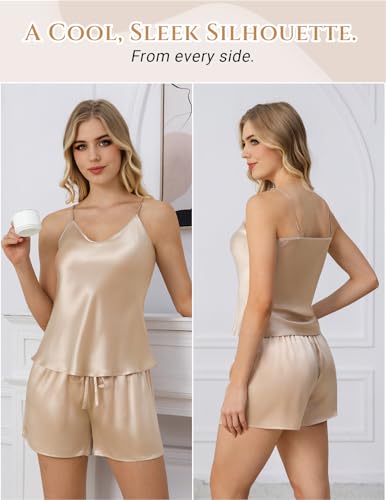 Image of THXSILK 100% Mulberry Silk Women Cami Pajama Set, Tank Top with Shorts Sleepwear, Adjustable Spaghetti Straps, Luxury Pj Set
