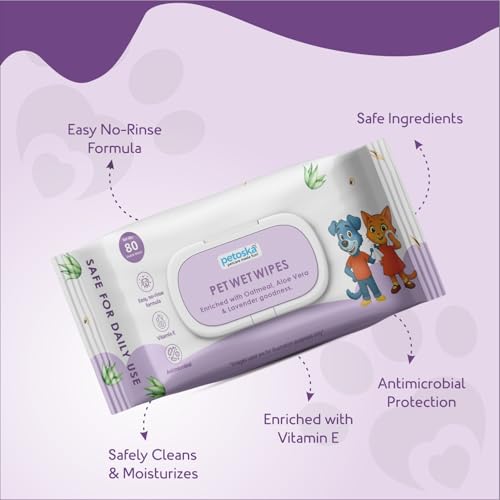 Image of Petoska Pet Wipes Pack of 2 for Dogs, Cats & All Pets - 80 Wipes | pH Balanced, Alcohol-Free, Gentle on Sensitive Skin | Enriched with Aloe Vera, Oatmeal & Lavender | Antimicrobial, No-Rinse Formula