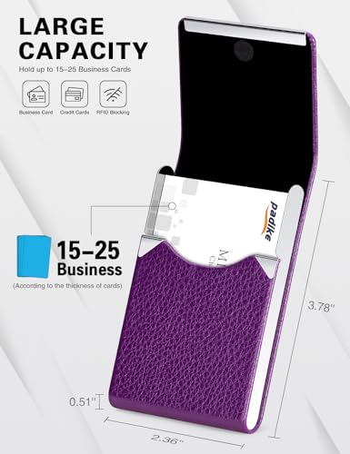 Image of Padike PU Leather Business Card Holder for Women Slim Pocket Business Name Card Holder Stainless Steel Business Card Case with Magnetic Shut (Purple)
