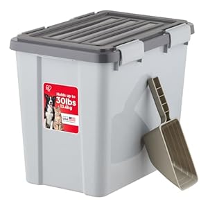 IRIS USA Stackable Dog Food Storage Container with 2 Cup Scoop, 4 Secure Latches, Fits up to 30 lbs, Pet Dry Food Bin, Gasket Seal Lid, BPA Free, Stackable, Easy Measure, Gray/Dark Gray