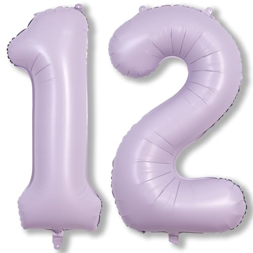 Image of Pastel Purple Birthday Balloon Numbers 12, 40 Inch Giant Light Purple Foil Mylar Number 1 and 2 Helium Balloons for Girls 12th Birthday, Lilac 12 Balloons for Women 21st Anniversary Party Decorations