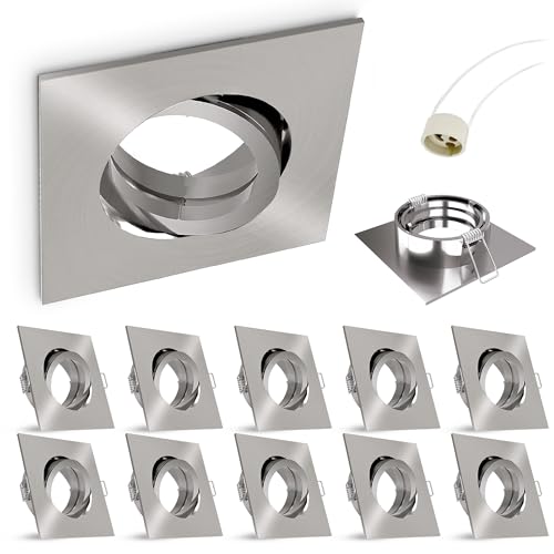 10er Set linovum® Einbaustrahler Rahmen - Einbaurahmen schwenkbar eckig Alu gebürstet inkl. GU10 Fassung für LED, Halogen