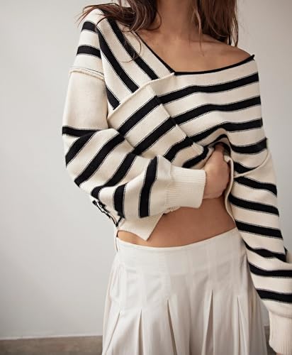 Image of Women Oversized Off The Shoulder Sweaters Tops Long Sleeve Striped Knit Pullover Drop Shoulder Color Block Sweater Black and White, Small