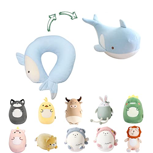 Image of Kids Travel Pillow - 2-in-1 Deformable Kids Neck Pillow for Traveling, Soft U-Shaped Pillow with Adorable Animal Design, Comfy Sleep and Play, Ideal for Airplanes and Cars - Blue Whale