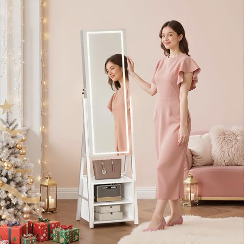 Image of VECELO Jewelry Cabinet with Lights, 63 inch Full Length Mirror with Jewelry Storage, Lockable Standing Jewelry Mirror Cabinet, 3 Colors Mode, Powered By USB, White
