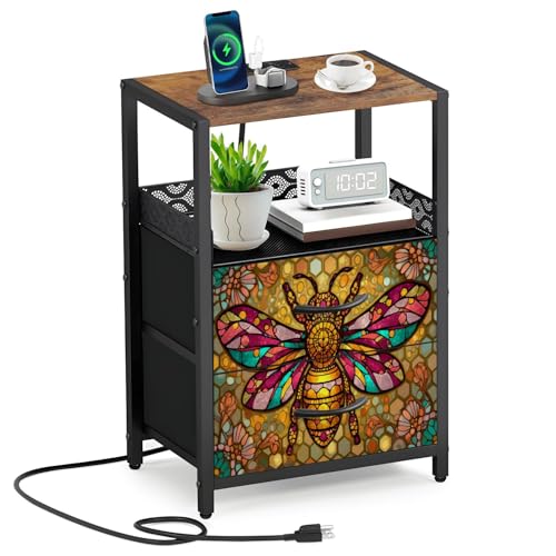 Stained Glass Style Night Stand with Charging Station, Elegant Bee