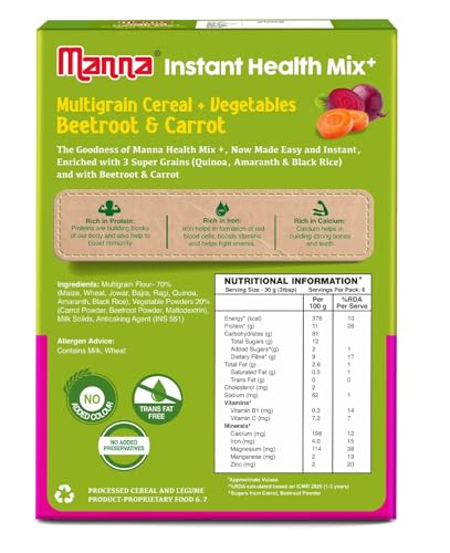 Manna Health Mix Instant Multigrain Cereal, Beetroot & Carrot with Milk, Made with Real Vegetables and 8 super grains and millets, No Added Sugar, No Artificial Color, Flavors - 200g (Pack of 1)