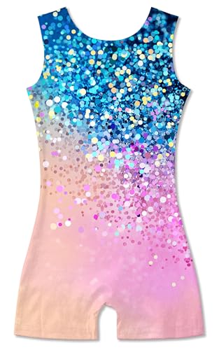 Funnycokid Gymnastics Leotards for Girls Dance Outfits Unitard Sparkly Clothes with Shorts, Diamond Blue Light Pink, 5-6 Years