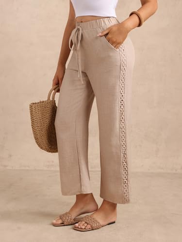Women's Lace Wide Leg Linen Pants Drawstring High Waisted Dressy Casual Trousers with Pockets3