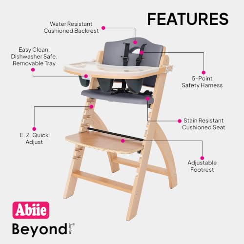 Image of Abiie Beyond Junior Wooden High Chair for Babies and Toddlers - Convertible 3-in-1 Baby Highchair with Removable Tray - 6 Months to 250 Lb - Water Resistant - Natural Wood with Dark Grey Cushion