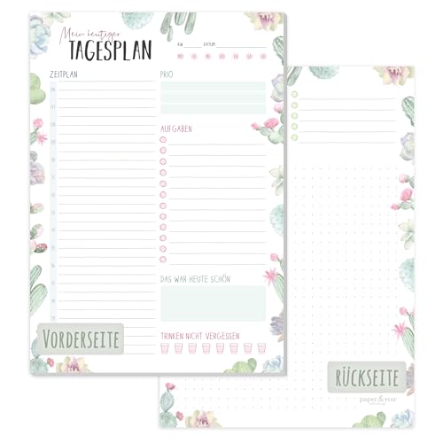 paper&you® A5 Tagesplaner Block 'Kakteen' 50 Blatt - Daily Planner mit To-do-Liste, Zeitplan, Prios, Tages-Highligt und mehr - nachhaltig & klimafreundlich