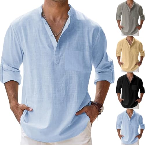 Sonnena Chemise Homme en Lin et Coton, Col V, Manche Longue, Coupe Slim, Bleu, Taille L, Polyvalente, Respirable
