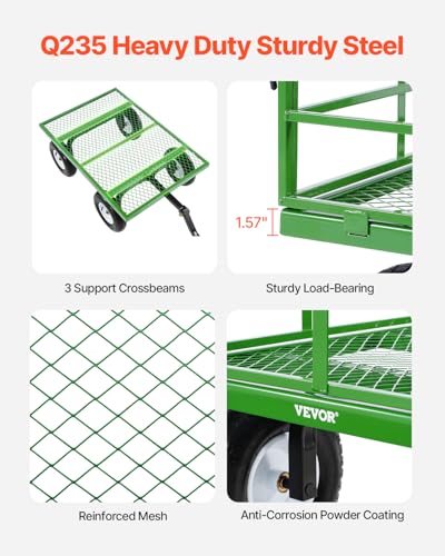 VEVOR 1200 Lbs Steel Garden Cart, Heavy Duty Pullable Garden Wagon Yard Cart, 2 in 1 Outdoor Metal Utility Wagon Yard Trailer with 13" All Terrain Tires, Mesh Removable Sides and 180°Rotating Handle